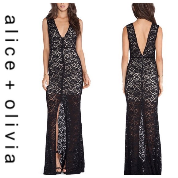 💕SALE💕Alice+Olivia Black Mia Lace Overlay Dress - Picture 2 of 9